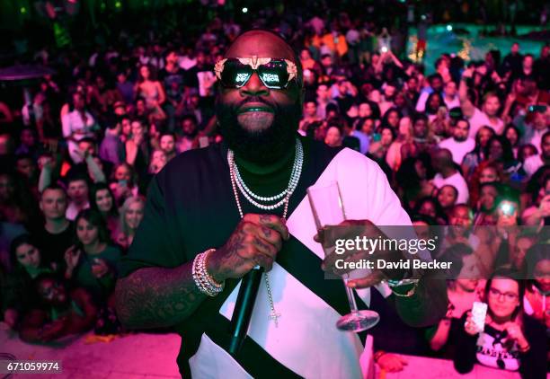 Rapper Rick Ross performs at the official Eclipse launch party at Daylight Beach Club at the Mandalay Bay Resort and Casino on April 21, 2017 in Las...