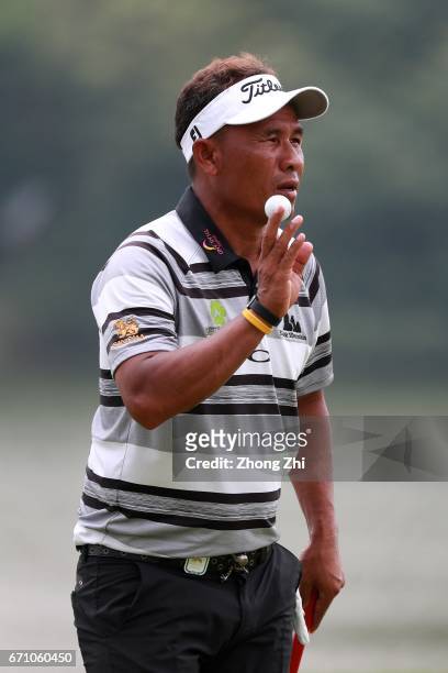 Thongchai Jaidee of Thailand celebrates a shot during the second round of the Shenzhen International at Genzon Golf Club on April 21, 2017 in...