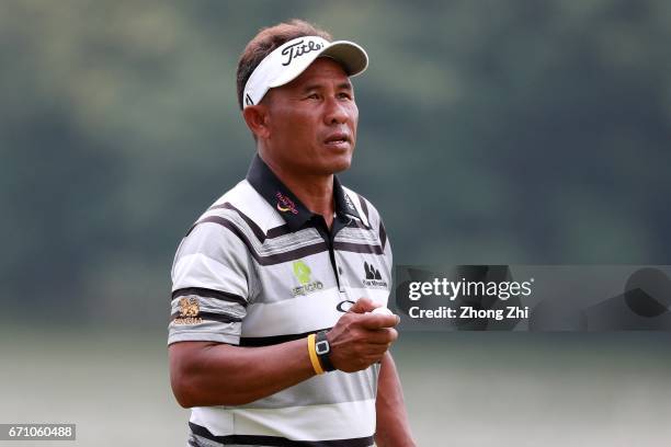 Thongchai Jaidee of Thailand celebrates a shot during the second round of the Shenzhen International at Genzon Golf Club on April 21, 2017 in...