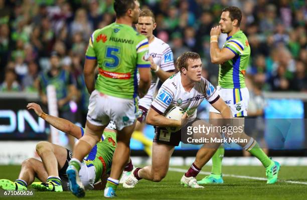 Jake Trbojevic of the Eagles scroes a try during the round eight NRL match between the Canberra Raiders and the Manly Sea Eagles at GIO Stadium on...