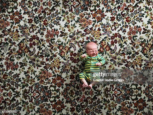 looking down on crying infant laying on large rug - bruny island stock pictures, royalty-free photos & images