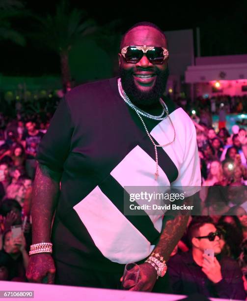 Rapper Rick Ross performs at the official Eclipse launch party at Daylight Beach Club at the Mandalay Bay Resort and Casino on April 21, 2017 in Las...