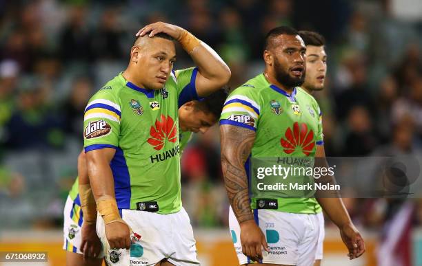 Raiders players look dejected after an Eagles try during the round eight NRL match between the Canberra Raiders and the Manly Sea Eagles at GIO...