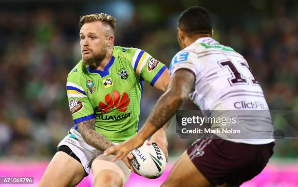 Blake Austin of the Raiders in action during the round eight NRL match between the Canberra Raiders and the Manly Sea Eagles at GIO Stadium on April...