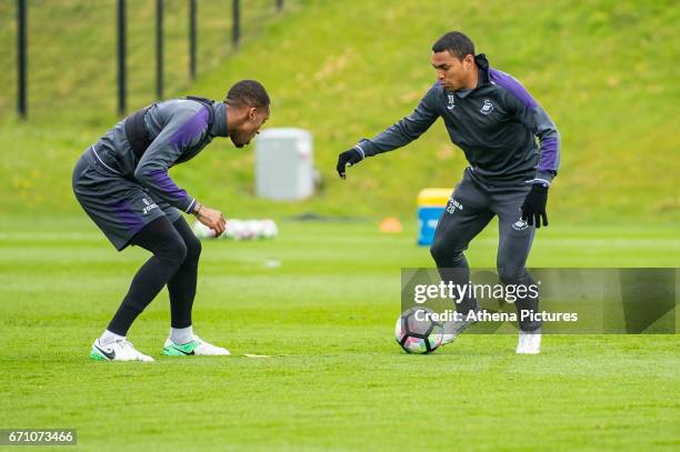 Leroy Fer against Jefferson Montero during the Swansea City Training at The Fairwood Training Ground on April 20, 2017 in Swansea, Wales.
