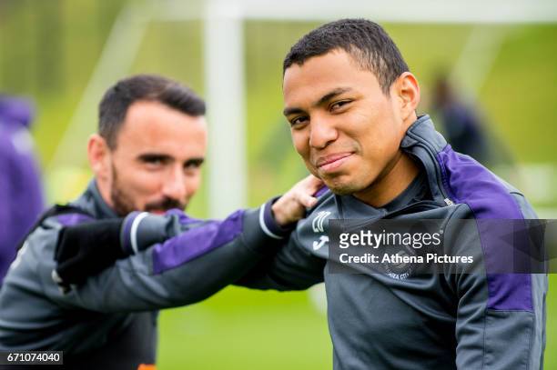 Leon Britton and Jefferson Montero during the Swansea City Training at The Fairwood Training Ground on April 20, 2017 in Swansea, Wales.