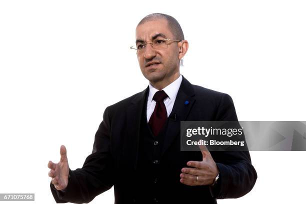 Jean Messiha, project coordinator for France's presidential candidate Marine Le Pen, gestures as he speaks during a Bloomberg Television interview in...