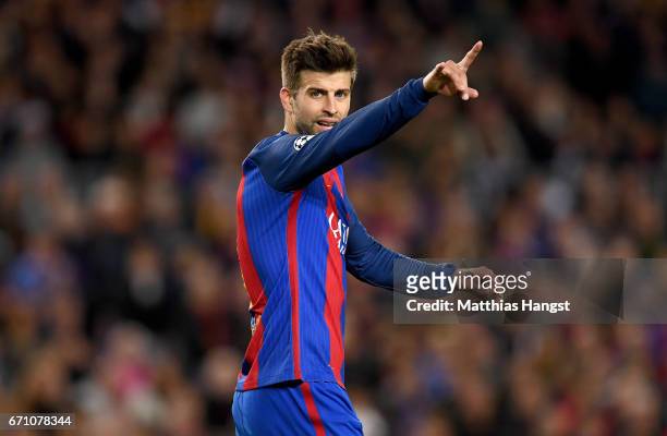 Gerard Pique of Barcelona gestures during the UEFA Champions League Quarter Final second leg match between FC Barcelona and Juventus at Camp Nou on...
