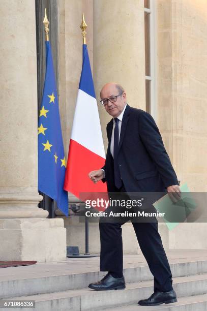 French Minister of Defense Jean Yves Le Drian arrives at Elysee Palace for a defense councilon April 21, 2017 in Paris, France. One police officer...