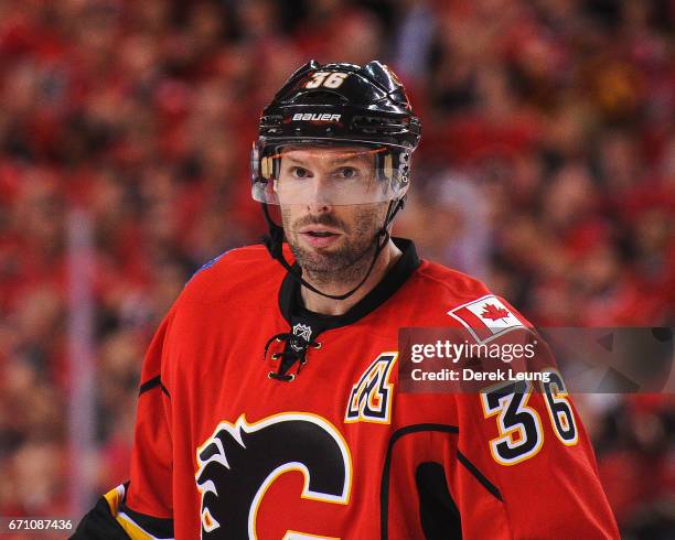 Troy Brouwer of the Calgary Flames in action against the Anaheim Ducks in Game Four of the Western Conference First Round during the 2017 NHL Stanley...