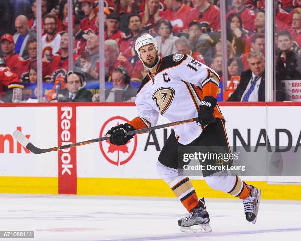 Ryan Getzlaf of the Anaheim Ducks in action against the Calgary Flames in Game Four of the Western Conference First Round during the 2017 NHL Stanley...