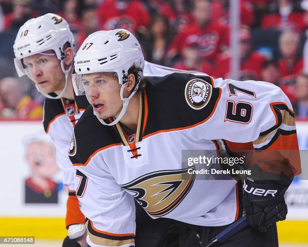 Rickard Rakell of the Anaheim Ducks in action against the Calgary Flames in Game Four of the Western Conference First Round during the 2017 NHL...