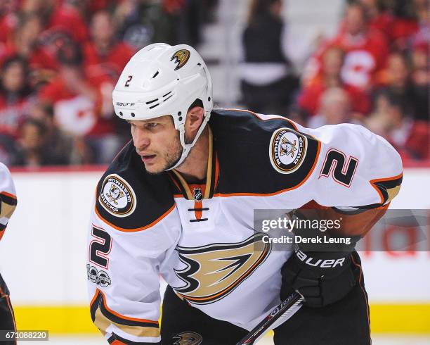 Kevin Bieksa of the Anaheim Ducks in action against the Calgary Flames in Game Four of the Western Conference First Round during the 2017 NHL Stanley...