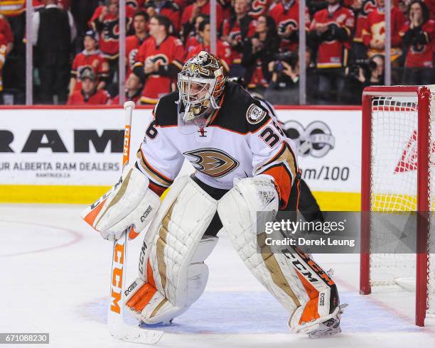 John Gibson of the Anaheim Ducks in action against the Calgary Flames in Game Four of the Western Conference First Round during the 2017 NHL Stanley...