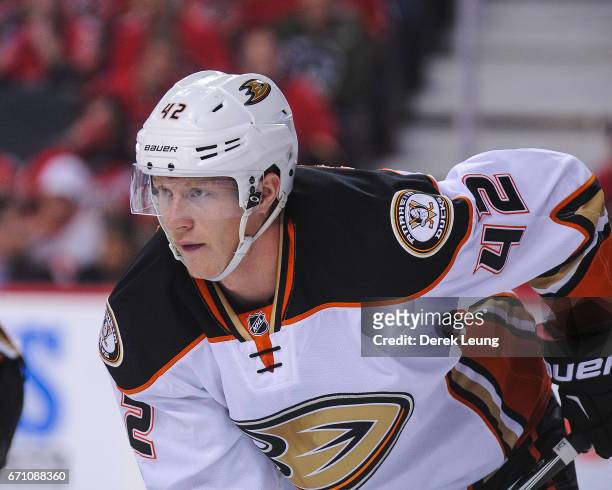 Josh Manson of the Anaheim Ducks in action against the Calgary Flames in Game Four of the Western Conference First Round during the 2017 NHL Stanley...