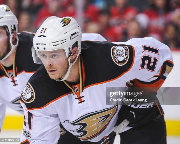 Chris Wagner of the Anaheim Ducks in action against the Calgary Flames in Game Four of the Western Conference First Round during the 2017 NHL Stanley...