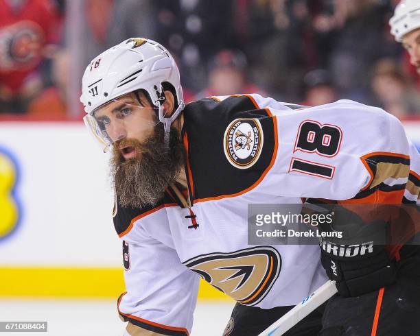 Patrick Eaves of the Anaheim Ducks in action against the Calgary Flames in Game Four of the Western Conference First Round during the 2017 NHL...