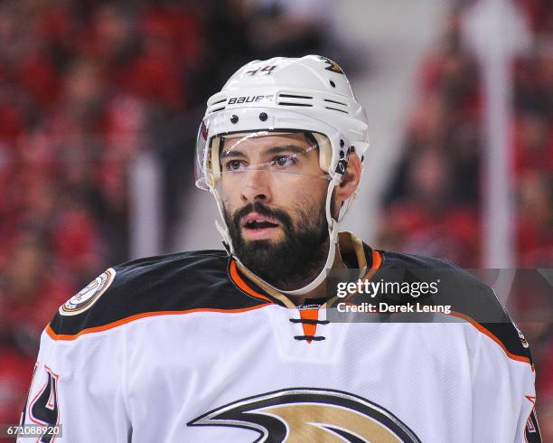 Nate Thompson of the Anaheim Ducks in action against the Calgary Flames in Game Three of the Western Conference First Round during the 2017 NHL...