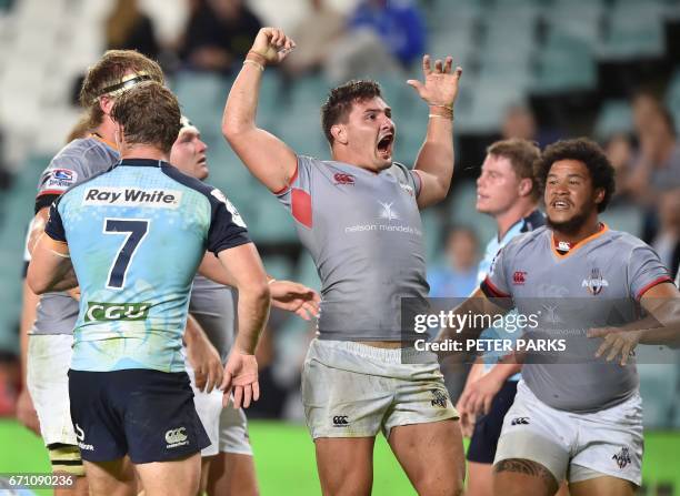 Southern Kings player Micheal Willemse celebrates after scoring a try against the Waratahs during the Super15 rugby match between Waratahs and South...