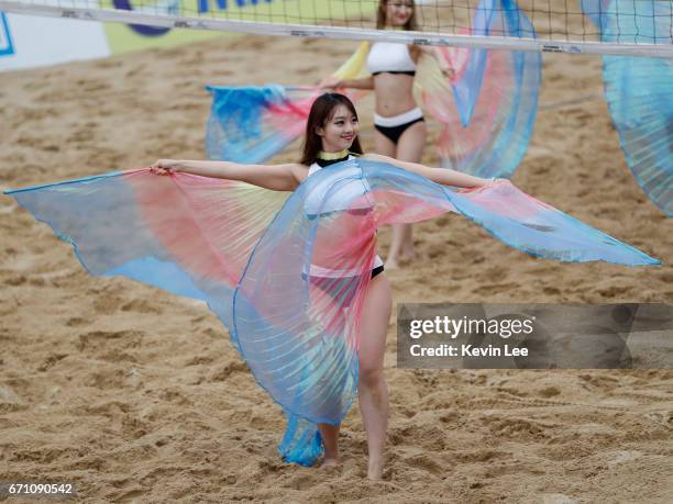 Dancers perform during intermission of the match at the FIVB Beach Volleyball World Tour Xiamen Open 2017 on April 21, 2017 in Xiamen, China.