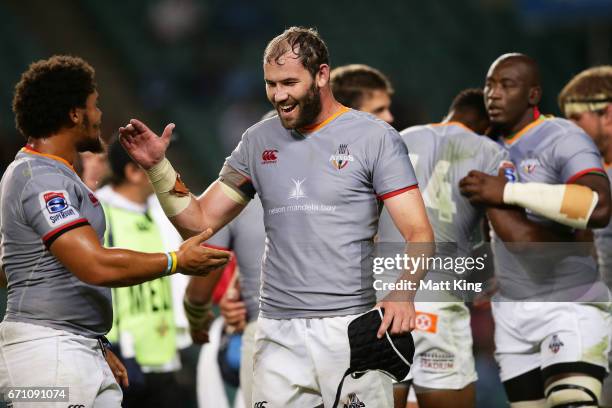 Wilhelm van der Sluys of the Kings celebrates victory with Dayan van der Westhuizen of the Kings during the round nine Super Rugby match between the...