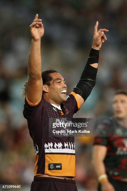 Adam Blair of the Broncos celebrates victory during the round eight NRL match between the South Sydney Rabbitohs and the Brisbane Broncos at ANZ...