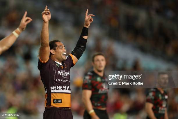 Adam Blair of the Broncos celebrates victory during the round eight NRL match between the South Sydney Rabbitohs and the Brisbane Broncos at ANZ...