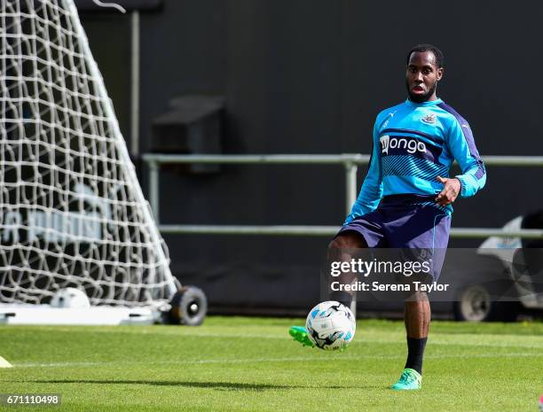 Vurnon Anita passes the ball during the Newcastle United Training Session at the Newcastle United Training Ground on April 21, 2017 in Newcastle upon...