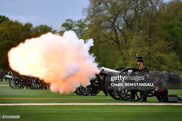 Members of the King's Troop Royal Horse Artillery take part in a 41 Gun Royal Salute to mark the 91st birthday of Britain's Queen Elizabeth II in...