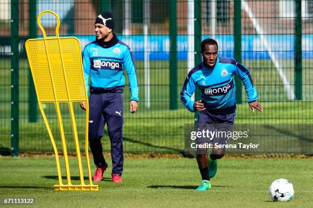 Vurnon Anita runs with the ball during the Newcastle United Training Session at the Newcastle United Training Ground on April 21, 2017 in Newcastle...