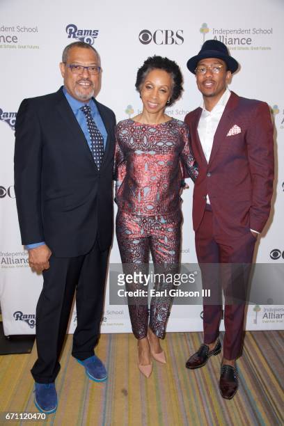 Actor Lawrence Fishburne, attorney Nina L. Shaw and actor Nick Cannon attend the Independent School Alliance Impact Awards at the Beverly Wilshire...