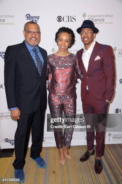 Actor Lawrence Fishburne, attorney Nina L. Shaw and actor Nick Cannon attend the Independent School Alliance Impact Awards at the Beverly Wilshire...