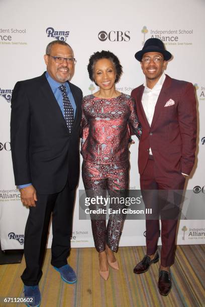 Actor Lawrence Fishburne, attorney Nina L. Shaw and actor Nick Cannon attend the Independent School Alliance Impact Awards at the Beverly Wilshire...