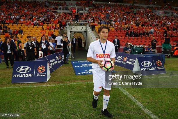 The match ball is delivered during the A-League Elimination Final match between the Brisbane Roar and the Western Sydney Wanderers at Suncorp Stadium...