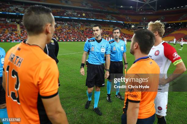 Coin toss before the A-League Elimination Final match between the Brisbane Roar and the Western Sydney Wanderers at Suncorp Stadium on April 21, 2017...