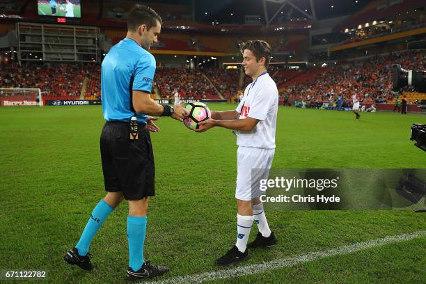 The match ball is delivered during the A-League Elimination Final match between the Brisbane Roar and the Western Sydney Wanderers at Suncorp Stadium...