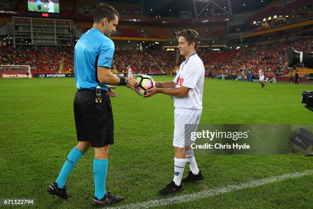 The match ball is delivered during the A-League Elimination Final match between the Brisbane Roar and the Western Sydney Wanderers at Suncorp Stadium...