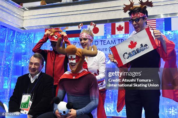 Patrick Chan of Canada reacts with his team mates at the kiss and cry after the Men free skating during the 2nd day of the ISU World Team Trophy 2017...