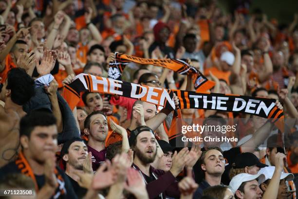 Roar fans cheer during the A-League Elimination Final match between the Brisbane Roar and the Western Sydney Wanderers at Suncorp Stadium on April...