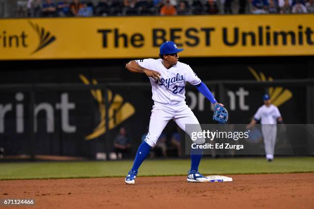 Raul Mondesi of the Kansas City Royals throws to first against the San Francisco Giants at Kauffman Stadium on April 18, 2017 in Kansas City,...