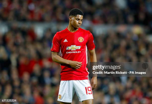 Manchester United's Marcus Rashford shows his dejection