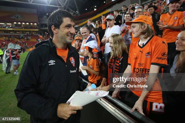 Thomas Broich of the Roar celebrates with fans after winning the A-League Elimination Final match between the Brisbane Roar and the Western Sydney...