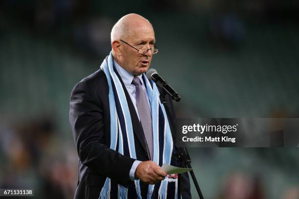 The Governor-General of Australia Sir Peter Cosgrove takes part in the ANZAC ceremony during the round nine Super Rugby match between the Waratahs...