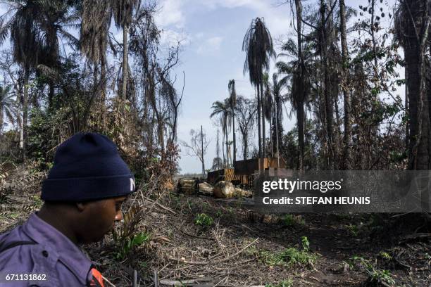 Member of NNS Pathfinder of the Nigerian Navy forces walks past a destroyed illegal oil refinery on April 19, 2017 in the Niger Delta region near the...