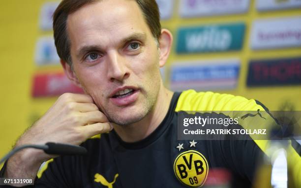 Dortmund's head coach Thomas Tuchel answers questions during a press conference in Brackel near Dortmund, western Germany, on April 21 on the eve of...