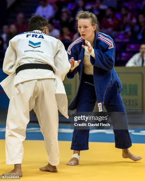 Kelly Edwards of Great Britain defeated World bronze medallist Amandine Buchard of France by a shido penalty in extra time to win their u52kg contest...