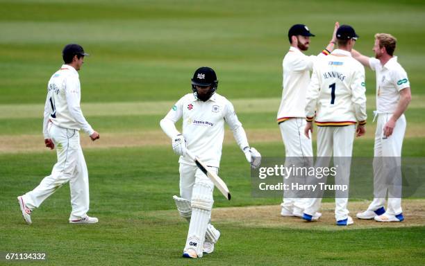 Paul Collingwood of Durham celebrates the wicket of Chris Dent of Gloucestershire during Day One of the Specsavers County Championship Division Two...