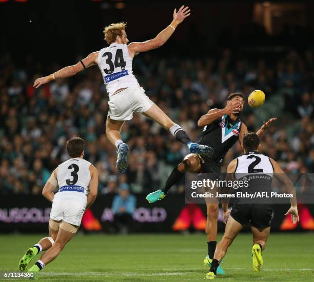 Andrew Phillips of the Blues competes with Paddy Ryder of the Power during the 2017 AFL round 05 match between Port Adelaide Power and the Carlton...