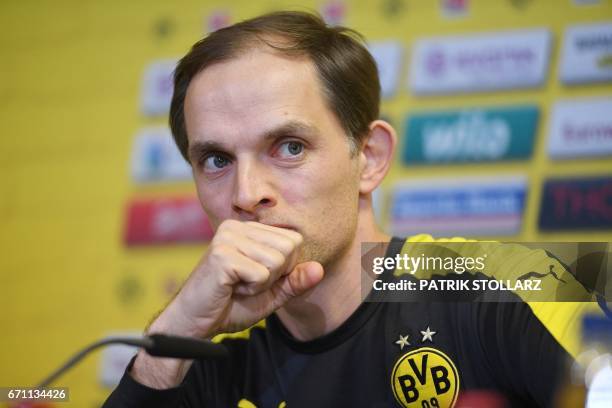 Dortmund's head coach Thomas Tuchel attends a press conference in Brackel, on April 21, 2017 on the eve of the German league football match between...