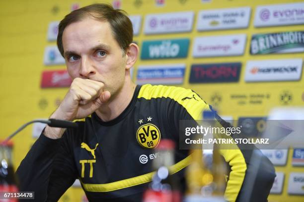 Dortmund's head coach Thomas Tuchel attends a press conference in Brackel, on April 21, 2017 on the eve of the German league football match between...